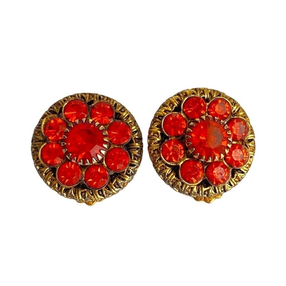 Vintage Orange Rhinestone Earrings 60s Gold Tone Filigree Round Button‎ Clip On